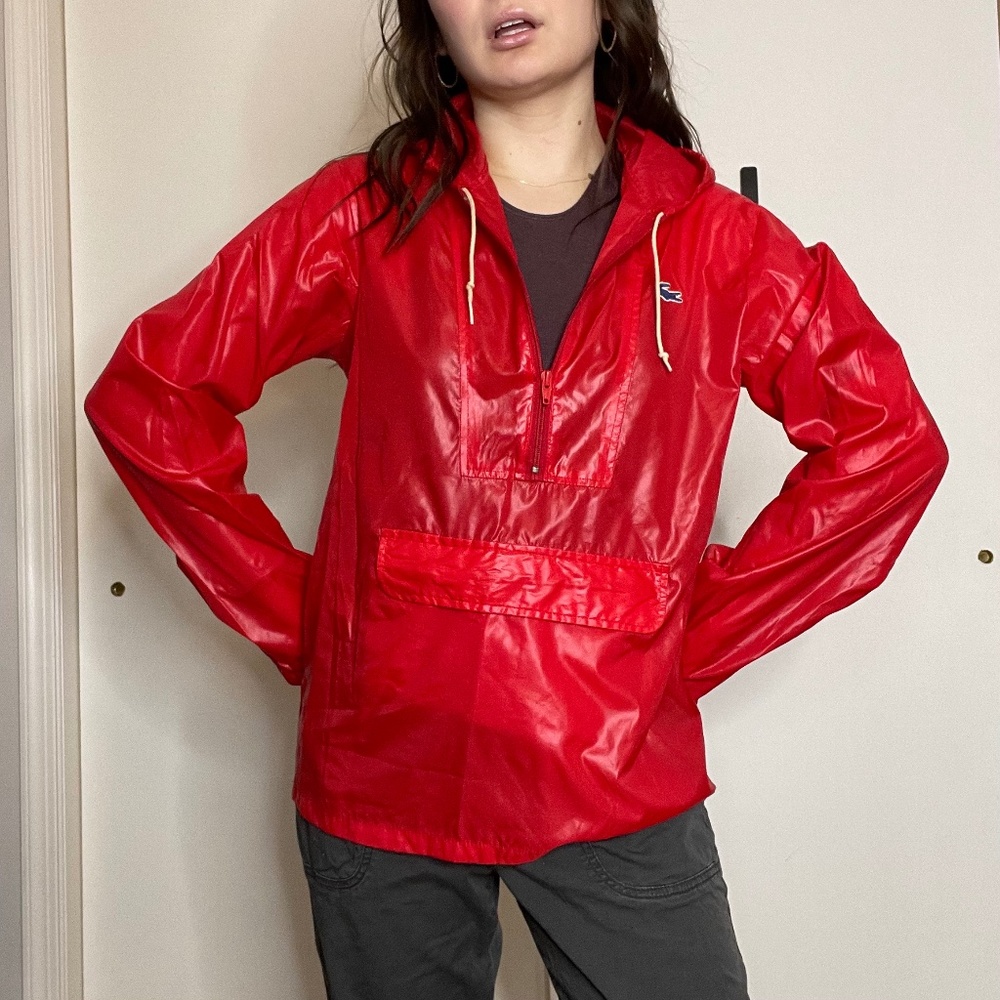70s Vintage Red Waterproof Hooded 1/4 Zip Gorpcore Windbreaker Alligator Lacoste